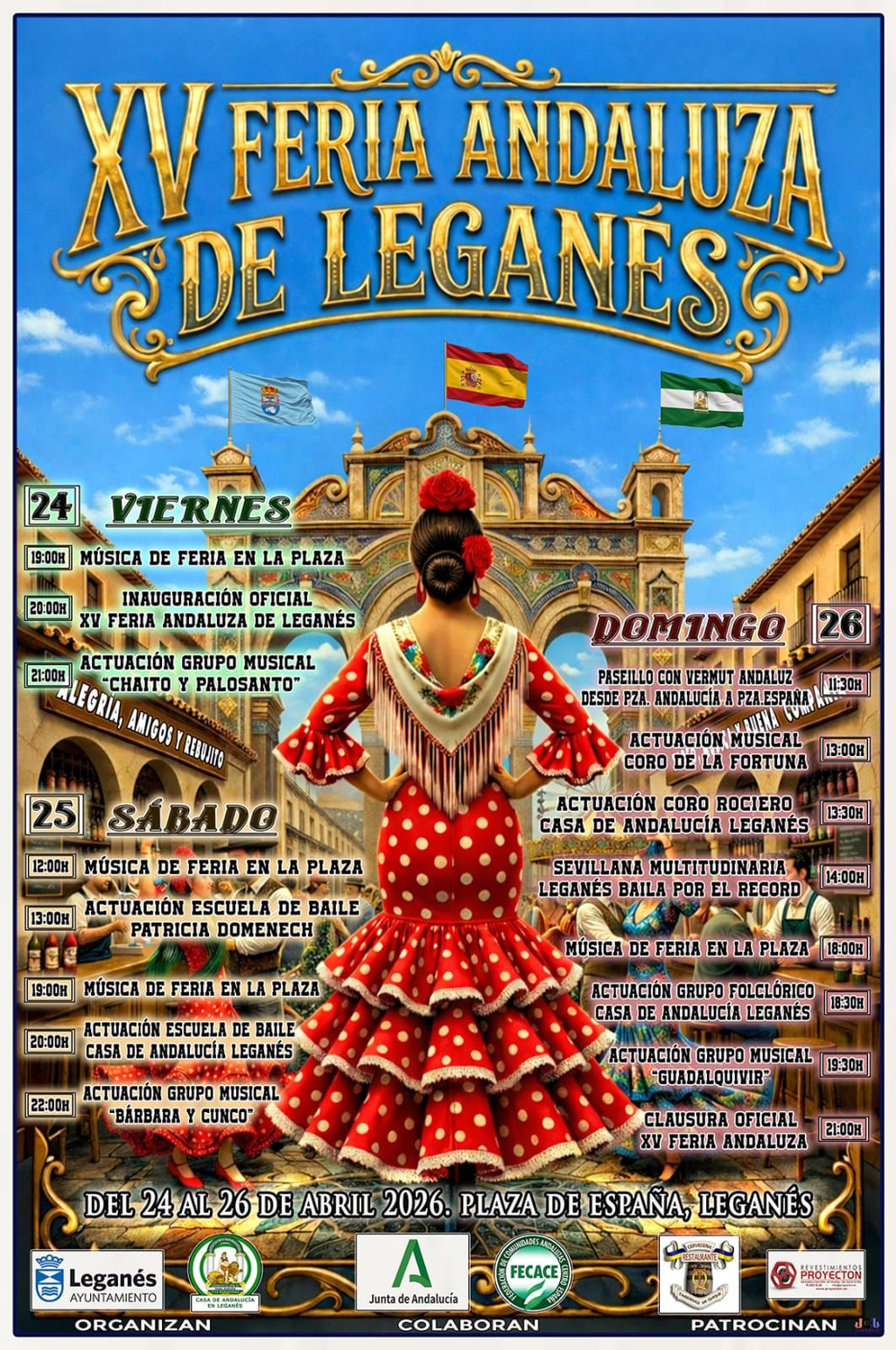Por tercer año consecutivo el Ayuntamiento de Leganés y la Casa de Andalucía consolidan su estrecha colaboración para organizar la XV Feria Andaluza de Leganés, que se celebrará del viernes 24 al domingo 26 de abril. La Feria regresa a la Plaza de España para inundar Leganés de alegría y tradición gracias a las actuaciones de grupos musicales, Escuelas de Flamenco, coros rocieros, pasacalles y los bailes de la Casa de Andalucía. Una cita que ha vuelto a convertirse en imprescindible en el calendario festivo local, reuniendo cada año a cientos de vecinos y vecinas para compartir y celebrar la cultura andaluza.&nbsp;